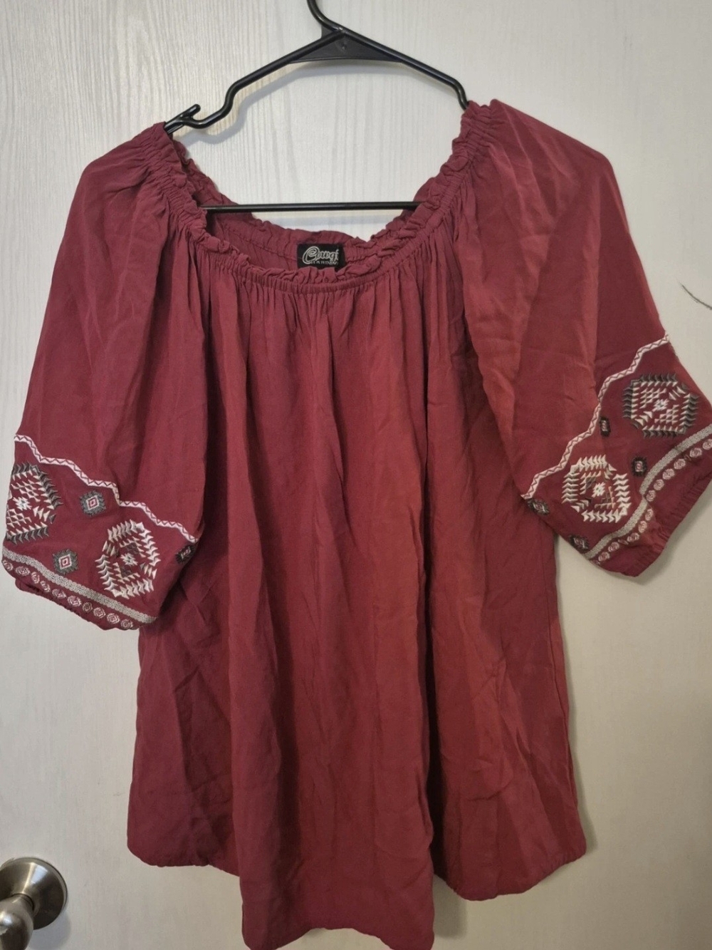 Boho Embroidered Off-Shoulder Top - Wine